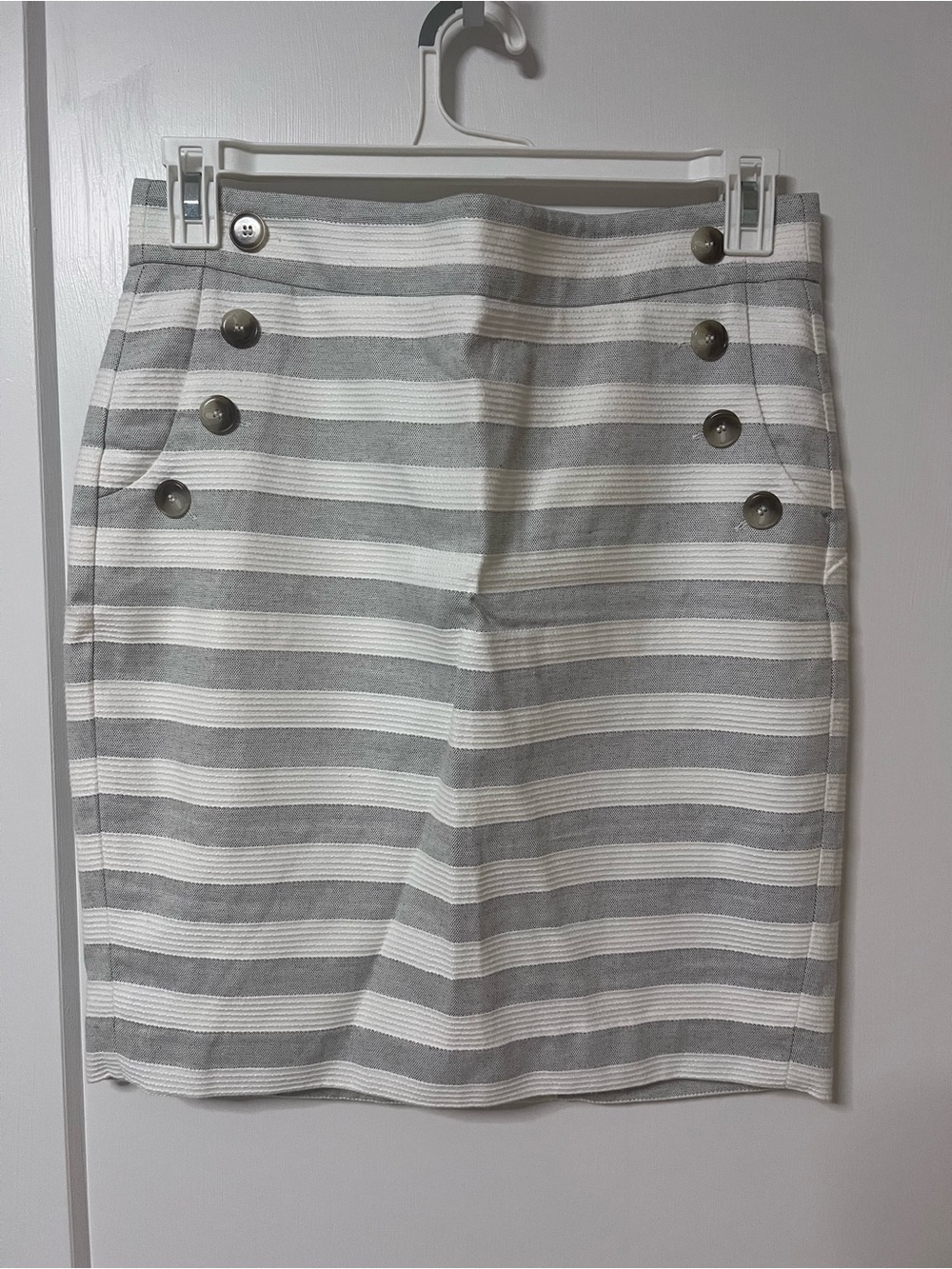LOFT Gray and White Striped Button-Front Pencil Skirt